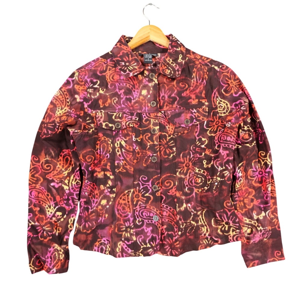 Gaudy Couture Jacket Womens S Maroon Cotton Batik Floral Button Up Boho Artistic